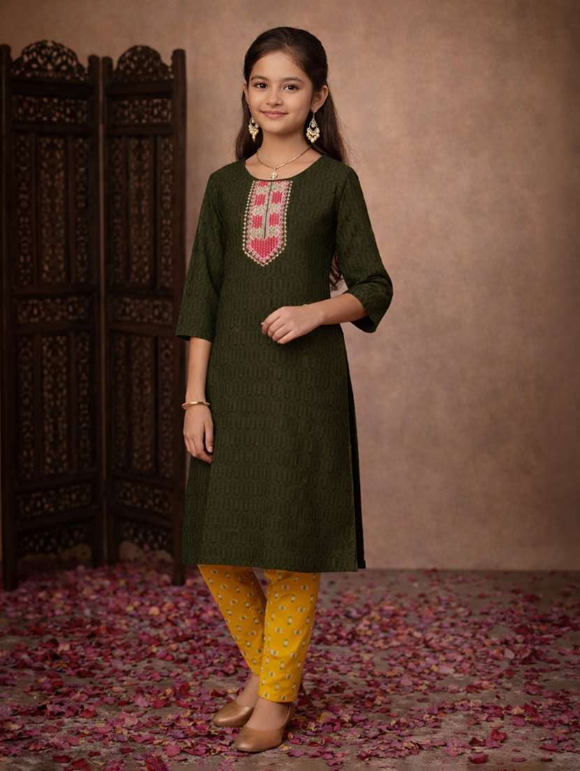 girl green cotton straight kurti - 22463282 -  Standard Image - 2
