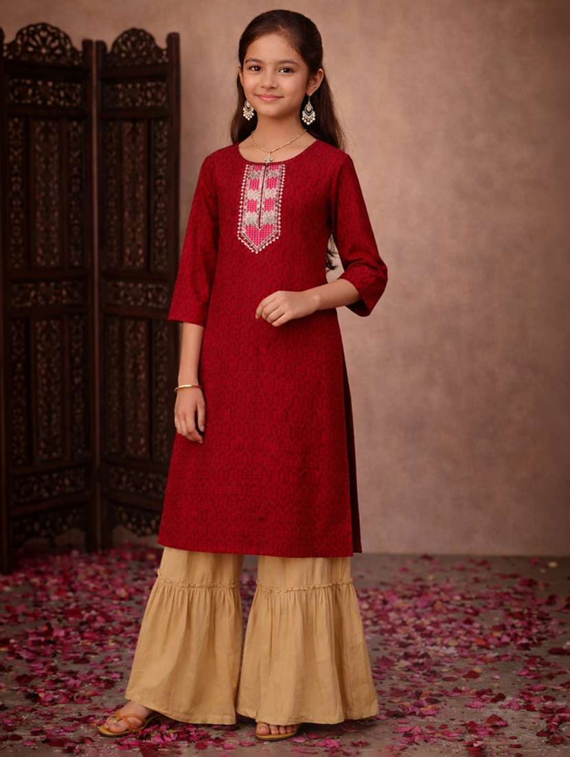 girls maroon cotton straight kurti - 22463283 -  Standard Image - 2