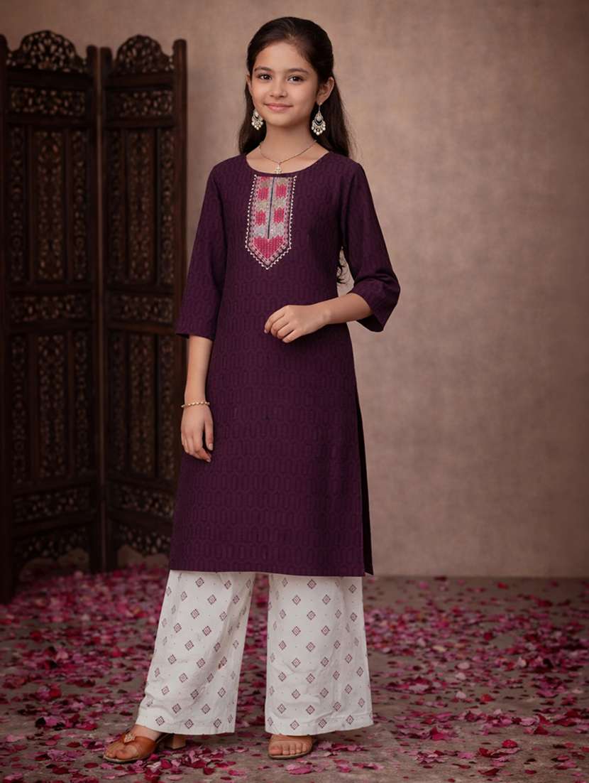 girls purple cotton straight kurti - 22463285 -  Standard Image - 2