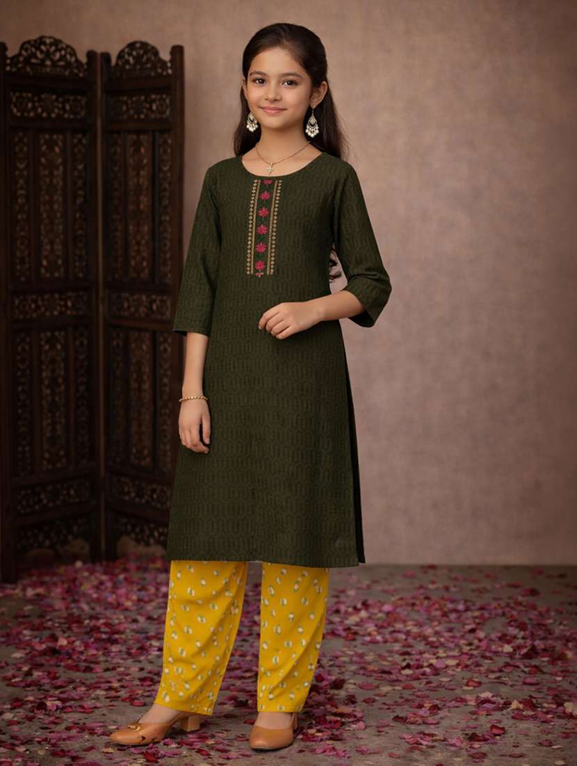 girls green cotton straight kurti - 22463286 -  Standard Image - 2