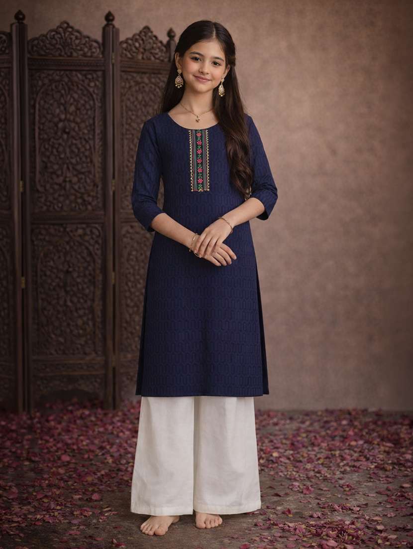 girls navy blue cotton straight kurti - 22463288 -  Standard Image - 2