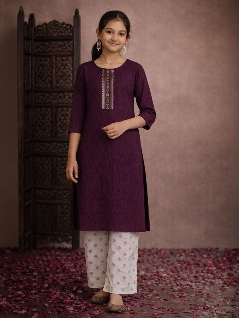 girls purple cotton straight kurti - 22463289 -  Standard Image - 2