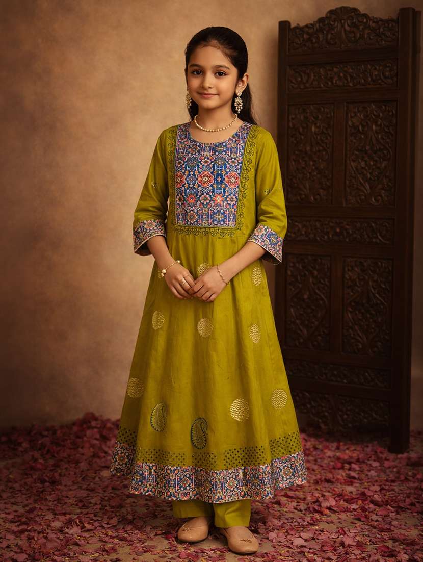 girl floral olive cotton flared kurti - 22463292 -  Standard Image - 2