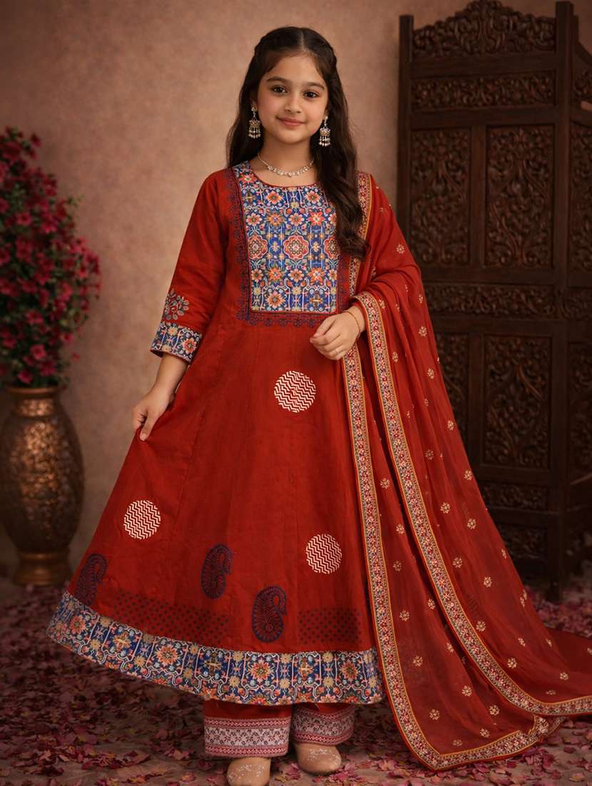 girls rust cotton flared kurti