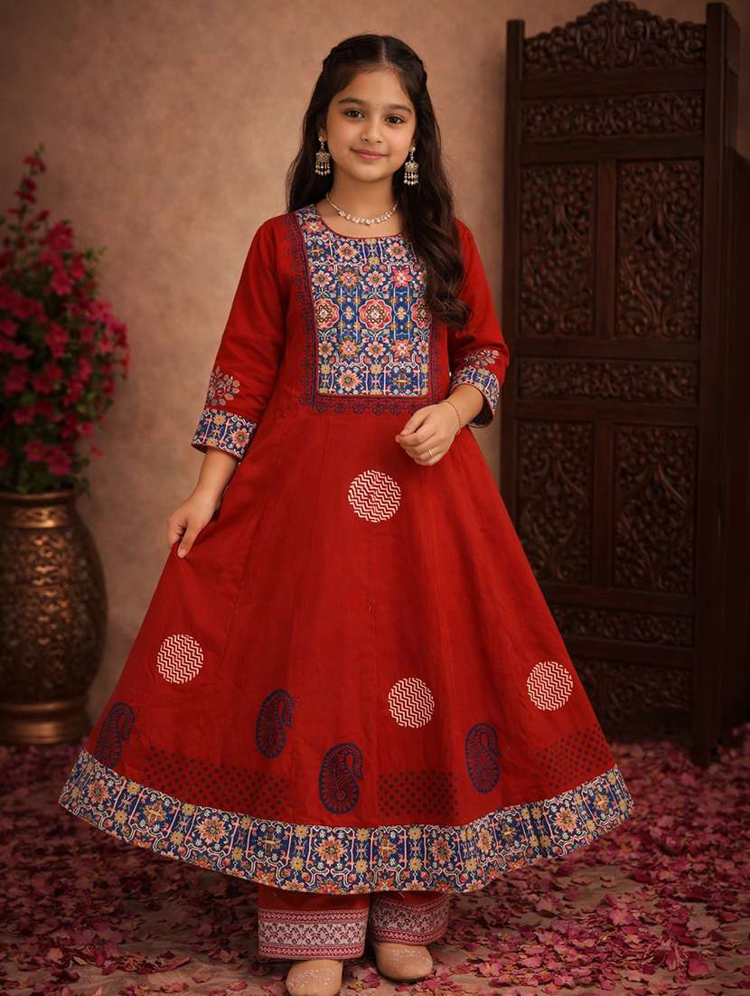 girls rust cotton flared kurti - 22463293 -  Standard Image - 2