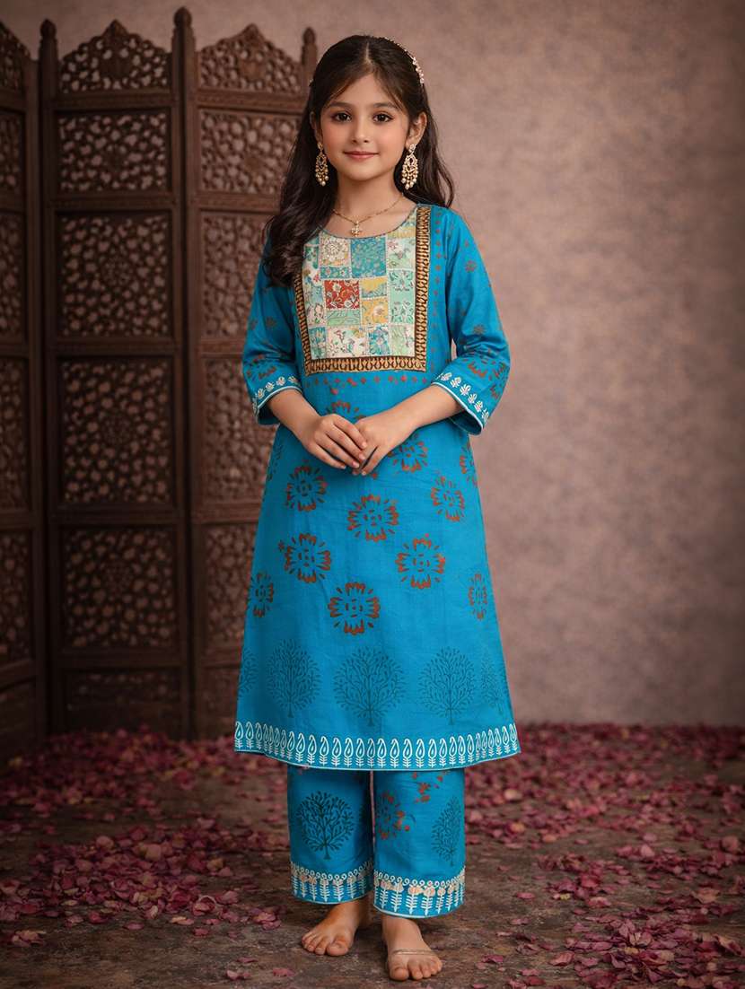 girls turquoise rayon straight kurti - 22463299 -  Standard Image - 2