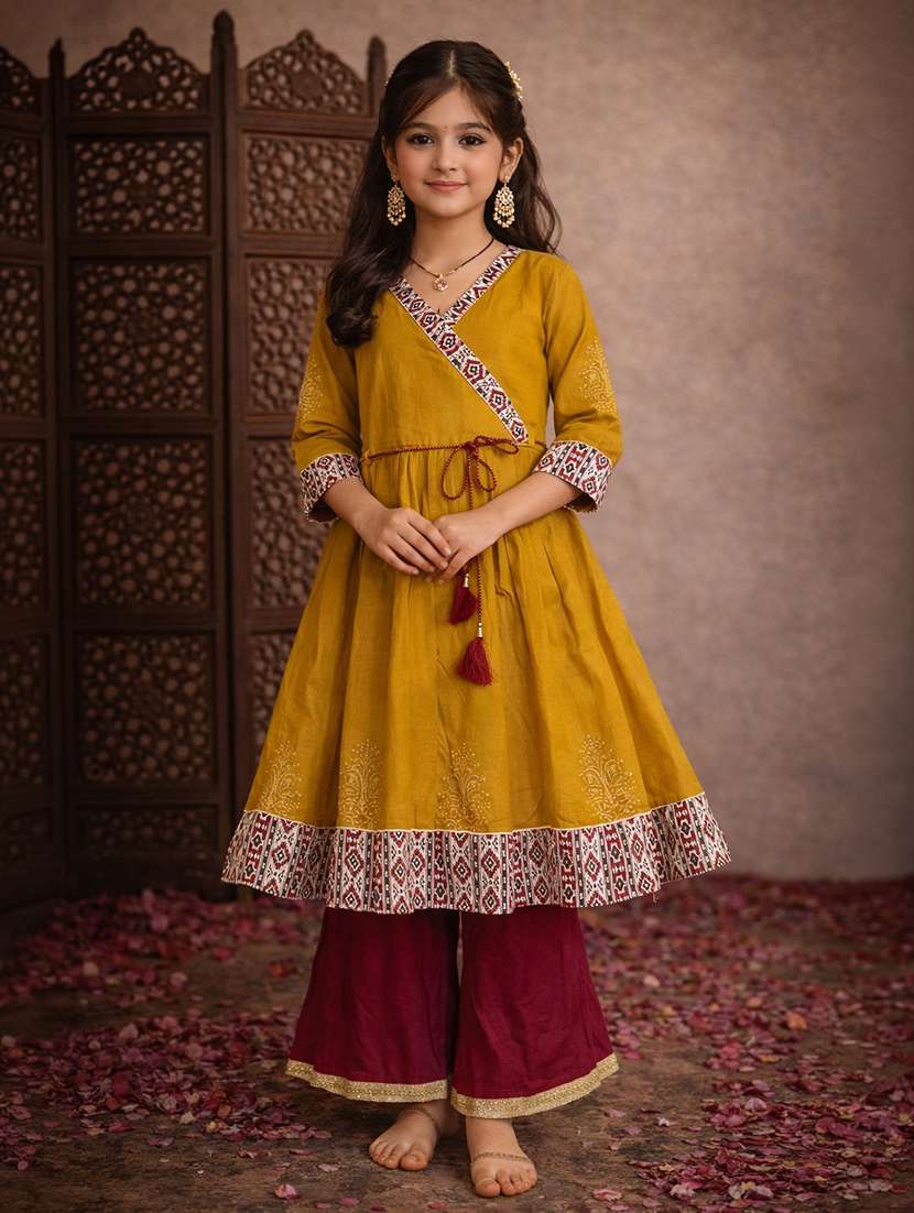girls mustard cotton flared kurti - 22463302 -  Standard Image - 2