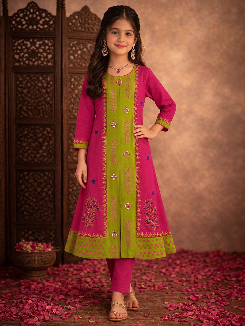 girl pink cotton straight kurti - 22463304 -  Standard Image - 2