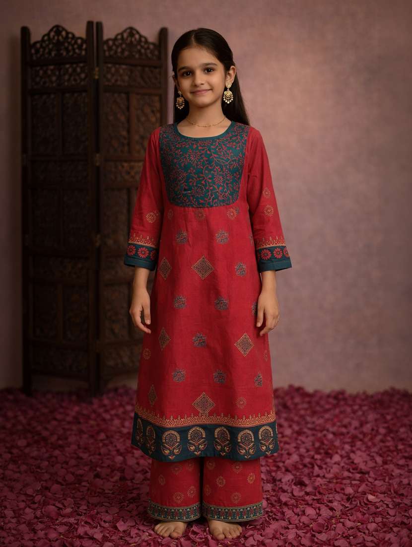 girls maroon cotton straight kurti - 22463307 -  Standard Image - 2