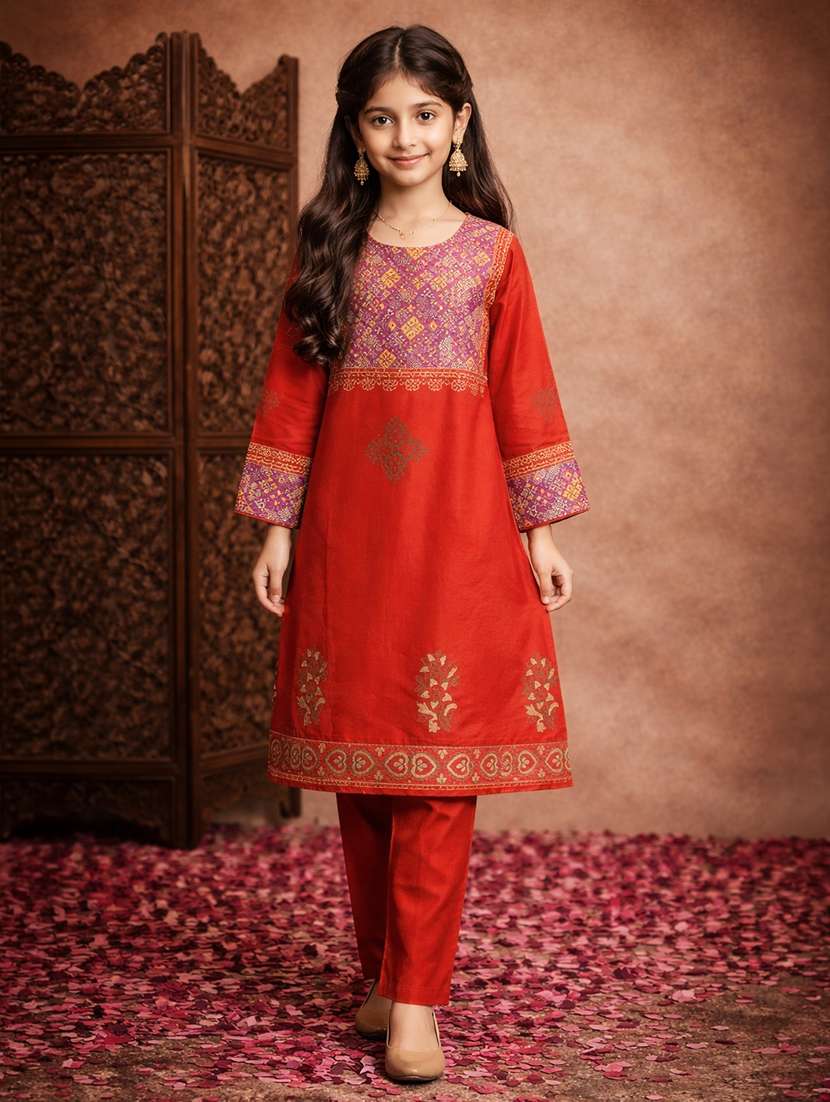 girl rust cotton straight kurti - 22463309 -  Standard Image - 2