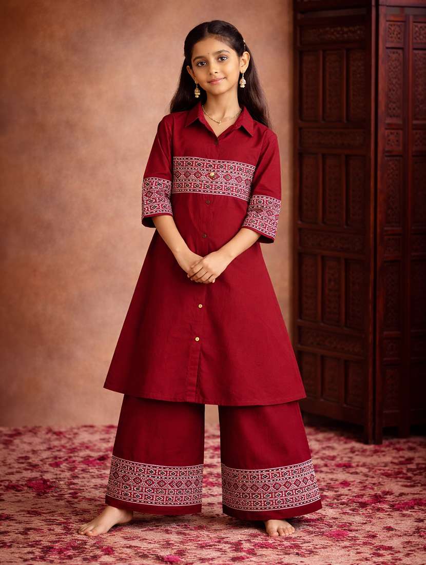 girls maroon cotton a-line kurti - 22463310 -  Standard Image - 2