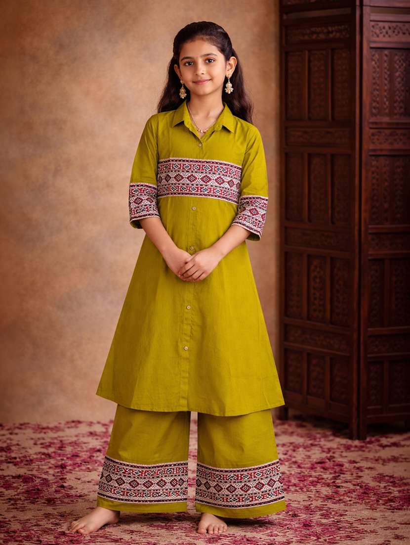 girl olive cotton a-line kurti - 22463311 -  Standard Image - 2