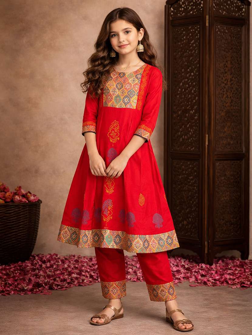 girl red rayon flared kurti - 22463315 -  Standard Image - 2