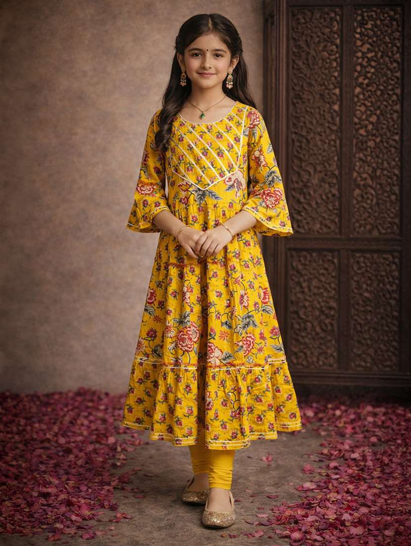 girls yellow cotton flared kurti - 22463319 -  Standard Image - 2