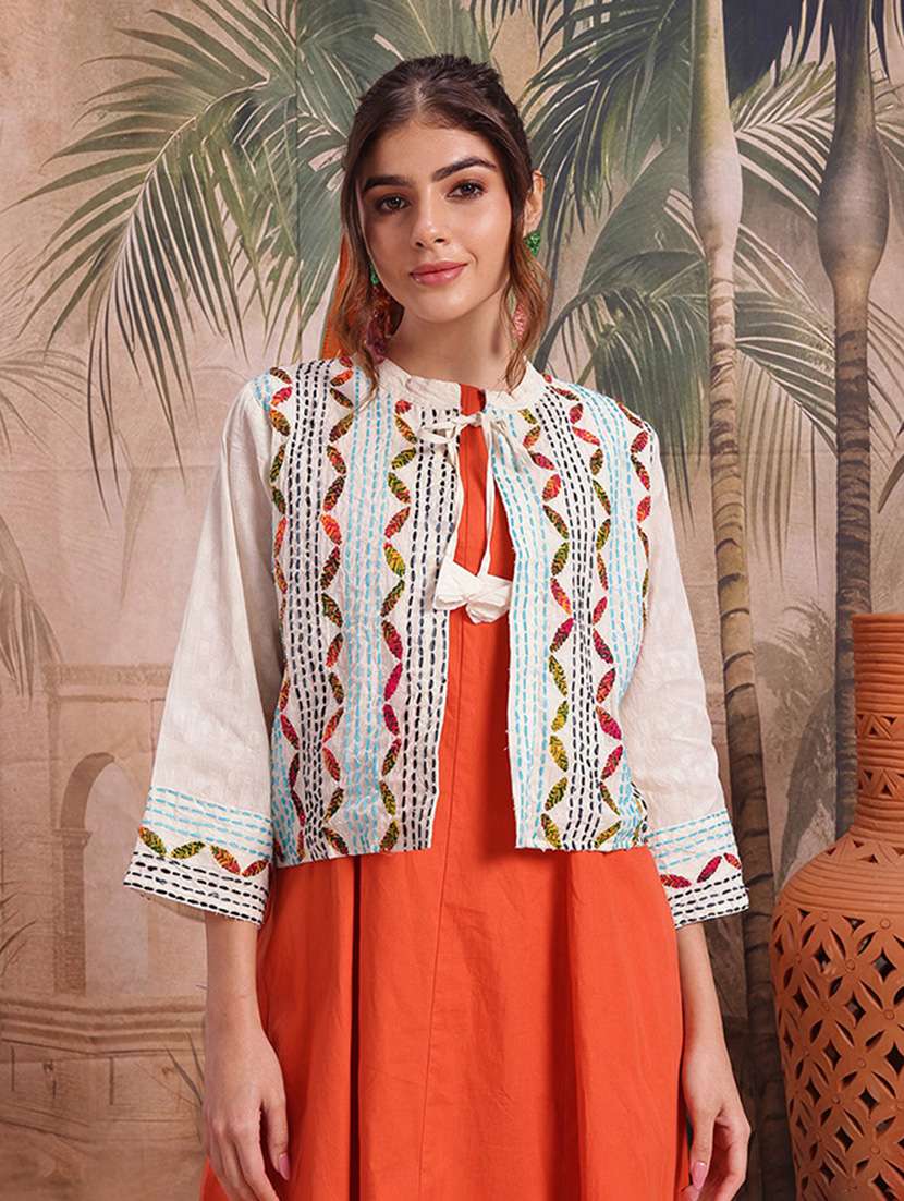 self design women cream cotton summer jacket