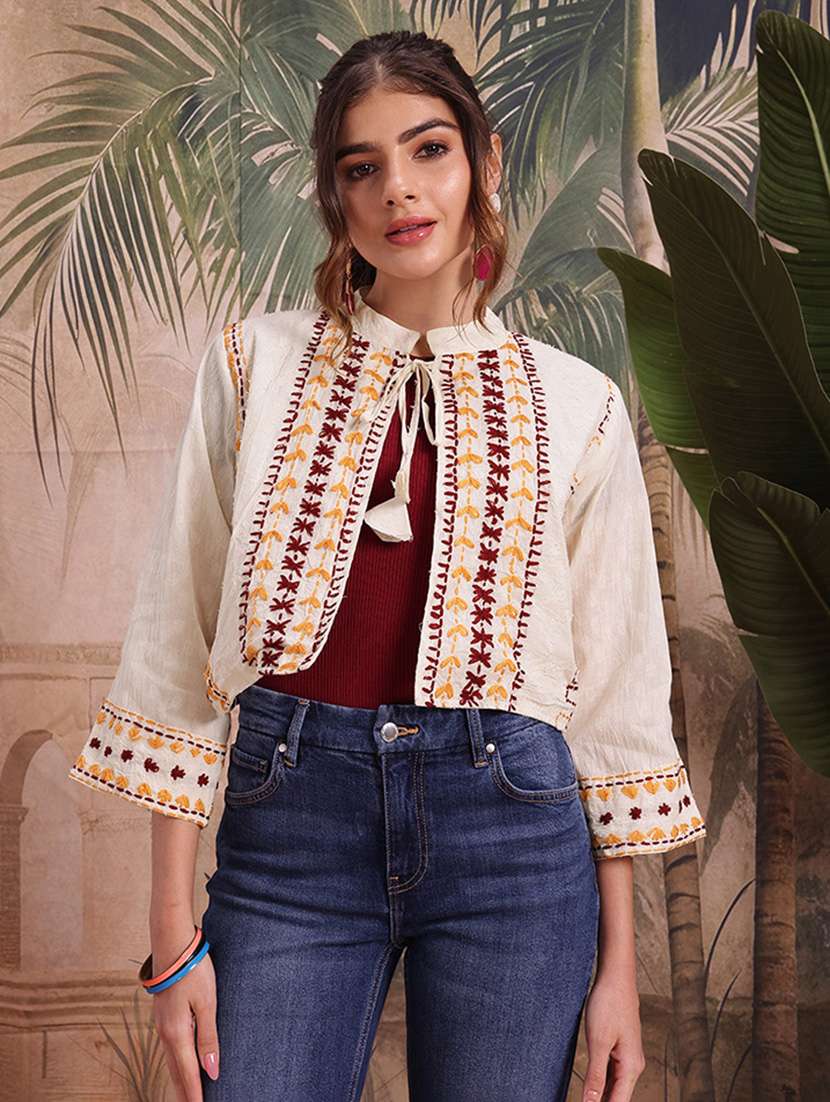  women self design cream cotton summer jacket - 22463326 -  Standard Image - 2