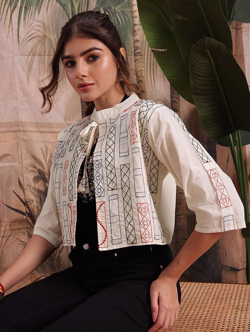 women self design cream cotton summer jacket - 22463327 -  Standard Image - 2