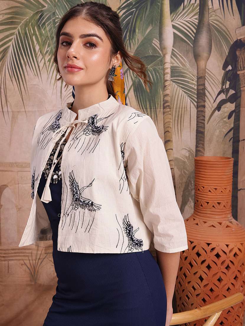 Women Self Design Cream Cotton Summer Jacket - 22463328 -  Standard Image - 2