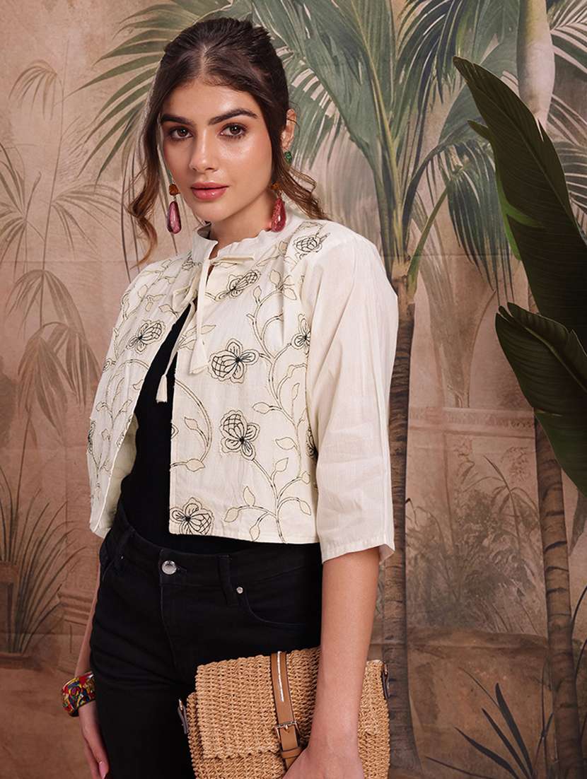 women self design cream cotton summer jacket