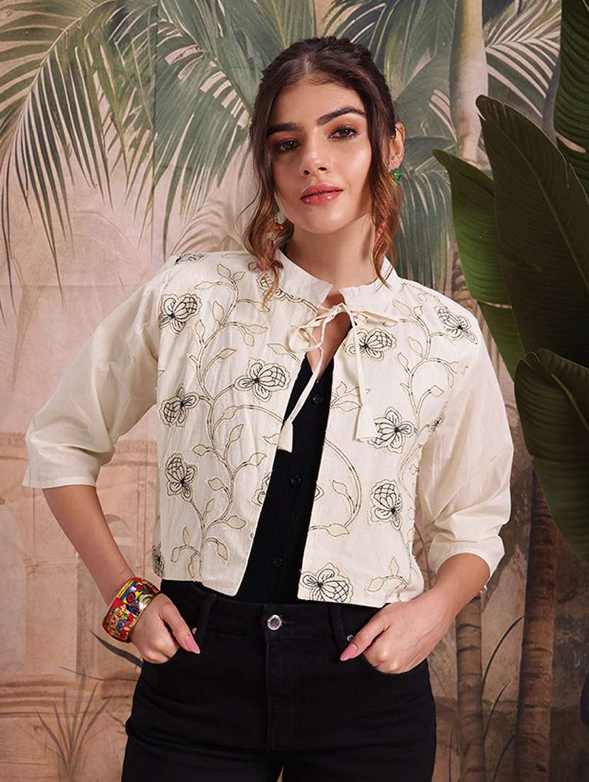 women self design cream cotton summer jacket - 22463329 -  Standard Image - 2