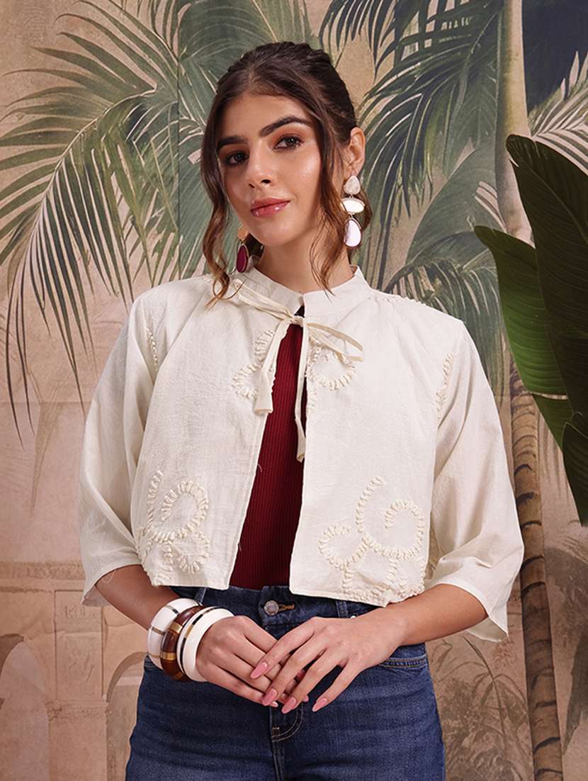 women self design cream cotton summer jacket - 22463330 -  Standard Image - 2