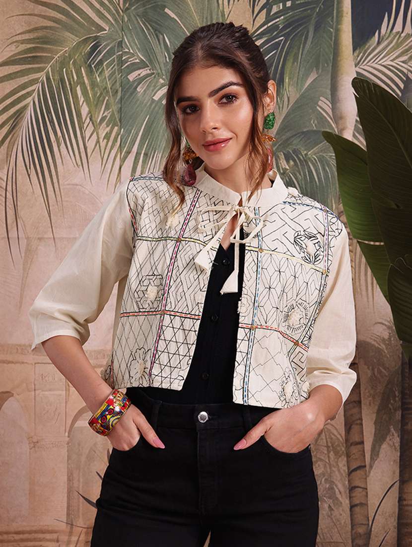 women self design cream cotton summer jacket - 22463332 -  Standard Image - 2