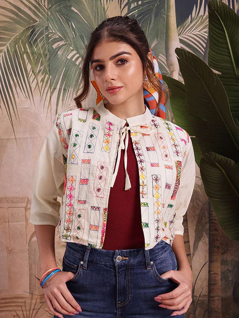 women self design cream cotton summer jacket - 22463333 -  Standard Image - 2