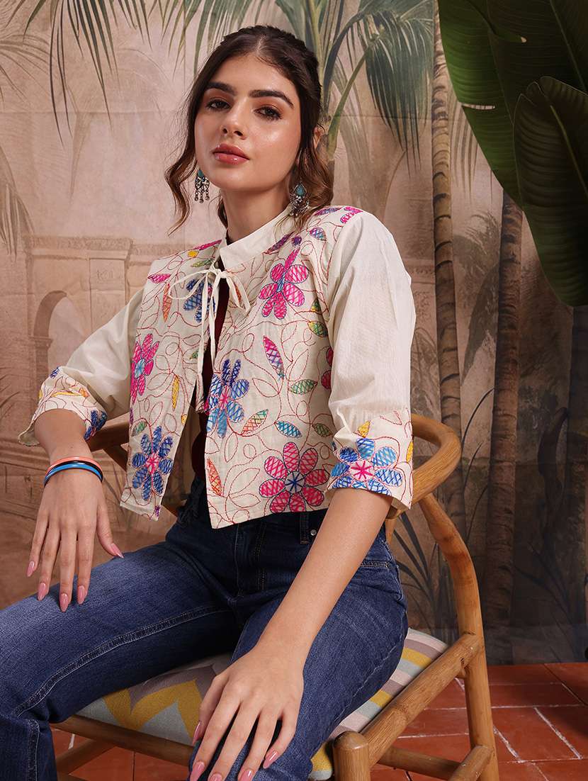 women self design cream cotton summer jacket - 22463334 -  Standard Image - 2