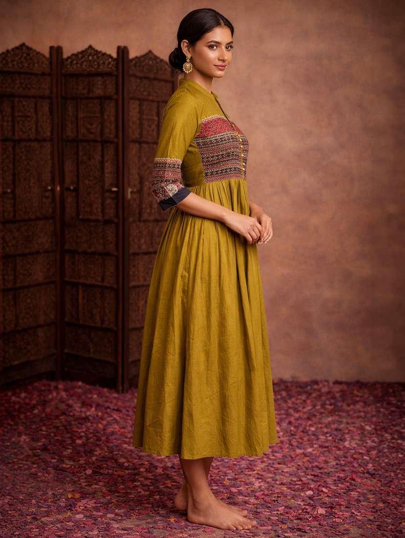 women mustard cotton fit & flare dress - 22463335 -  Standard Image - 2