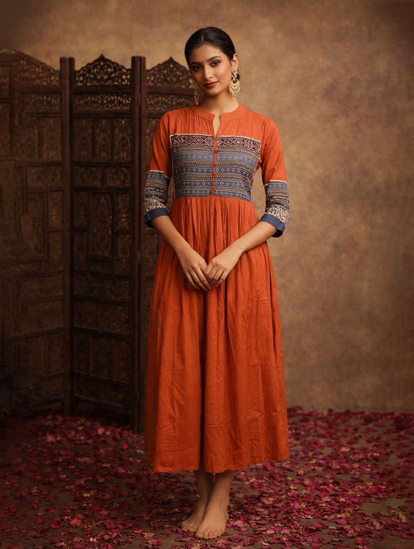 women orange cotton fit & flare dress