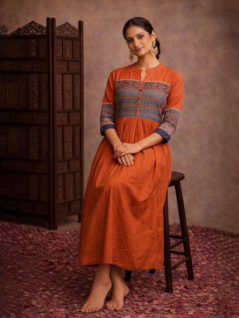 women orange cotton fit & flare dress - 22463336 -  Standard Image - 2