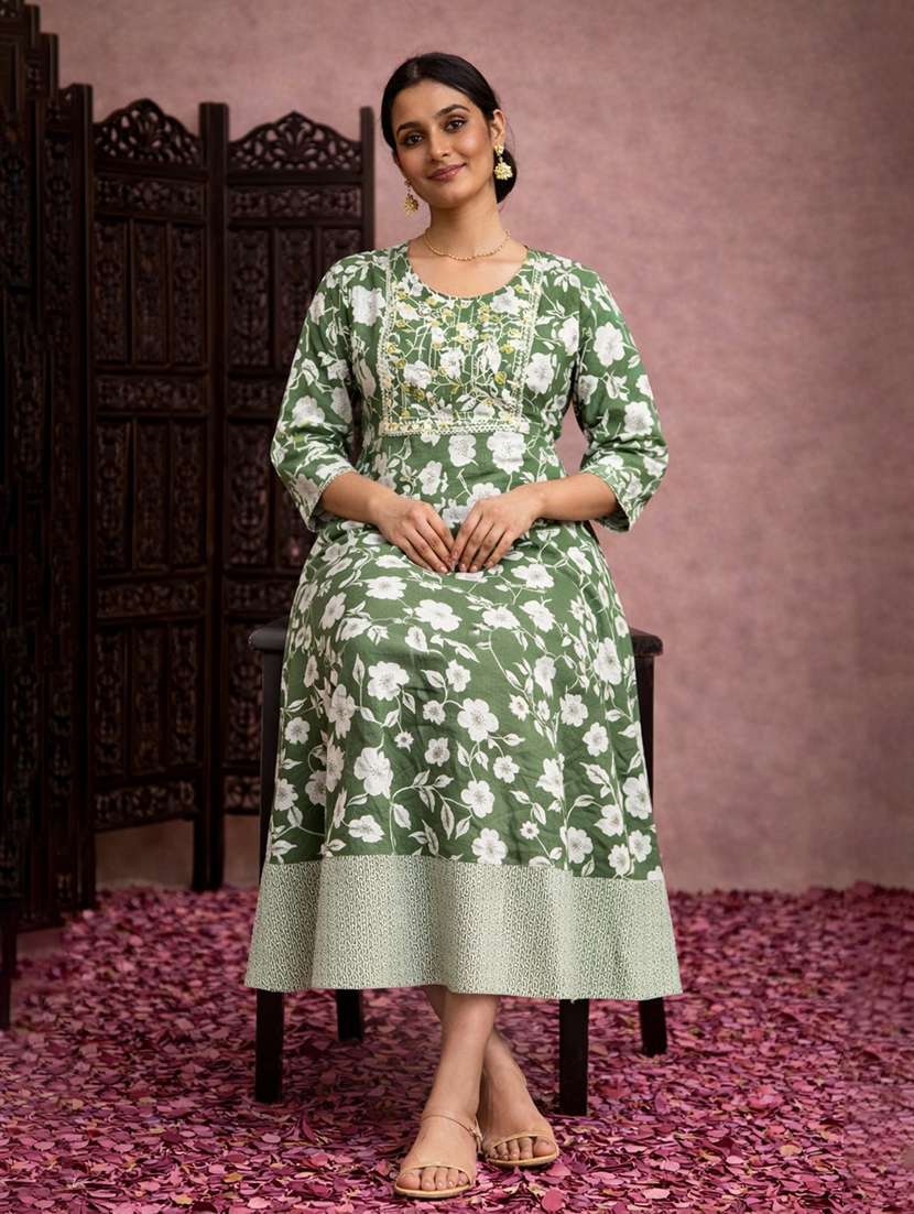 women green cotton fit & flare dress - 22463338 -  Standard Image - 2
