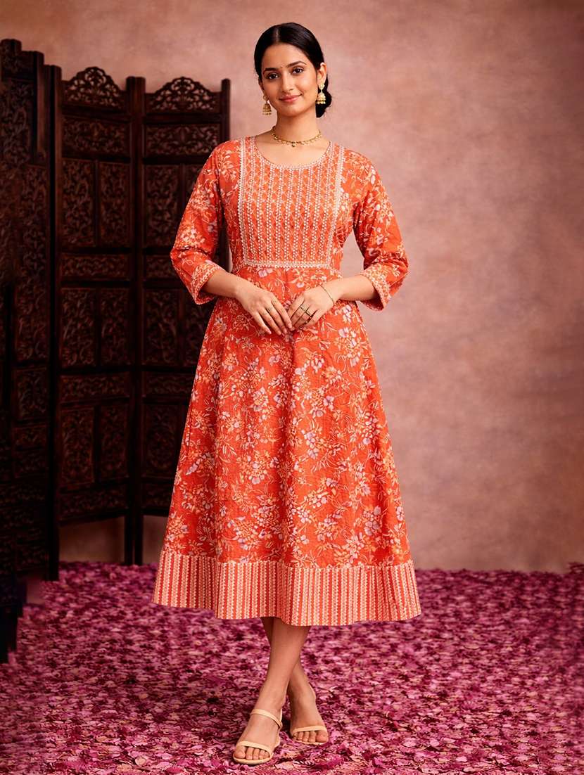 women orange cotton fit & flare dress