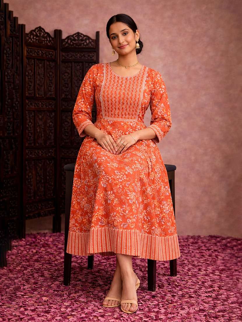 women orange cotton fit & flare dress - 22463339 -  Standard Image - 2