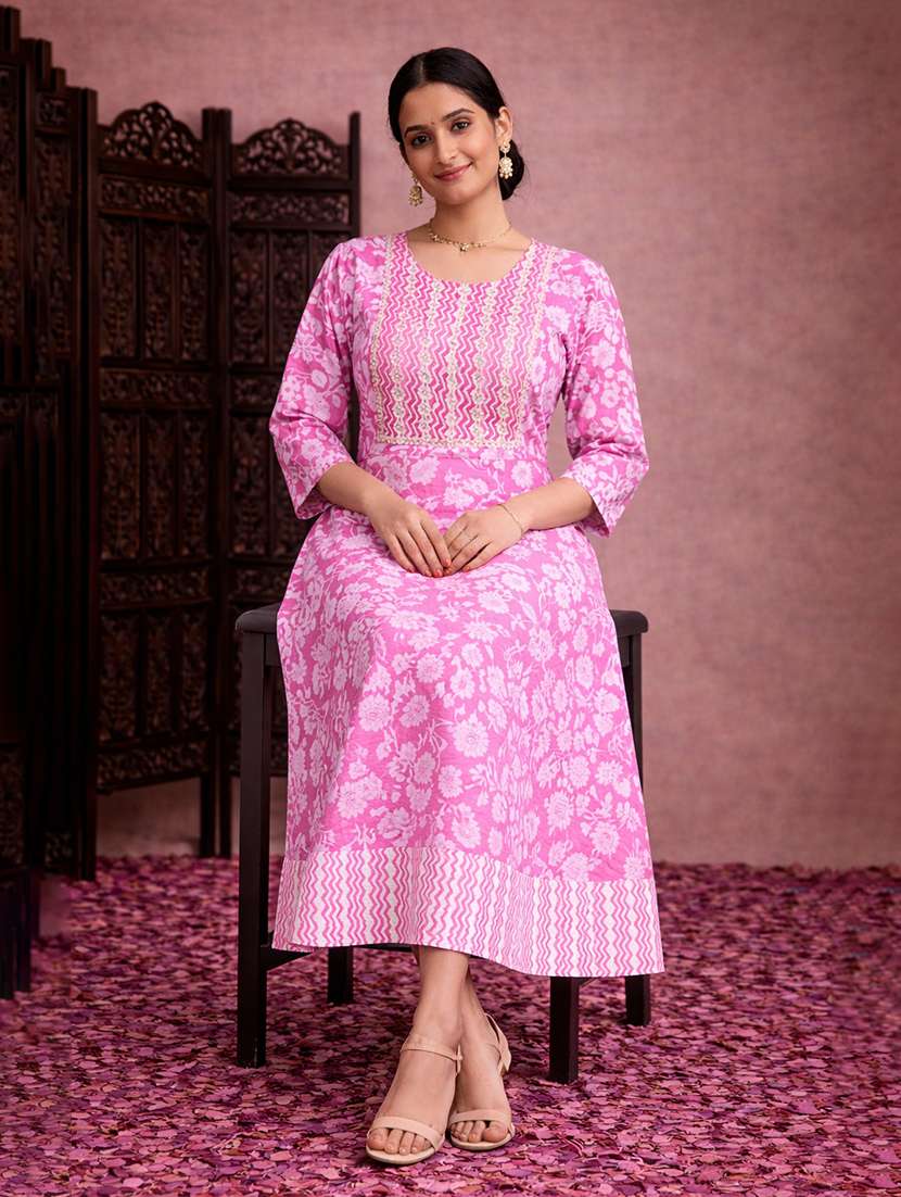 women pink cotton fit & flare dress - 22463340 -  Standard Image - 2