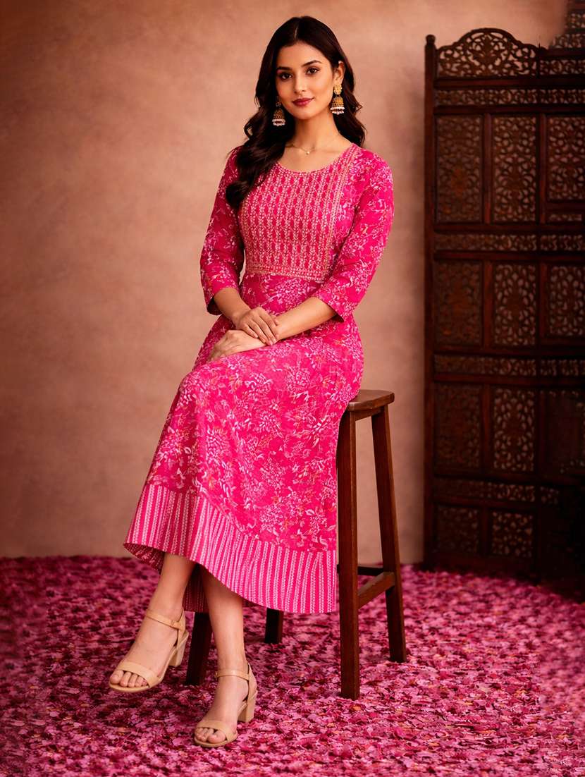 women pink cotton fit & flare dress - 22463341 -  Standard Image - 2