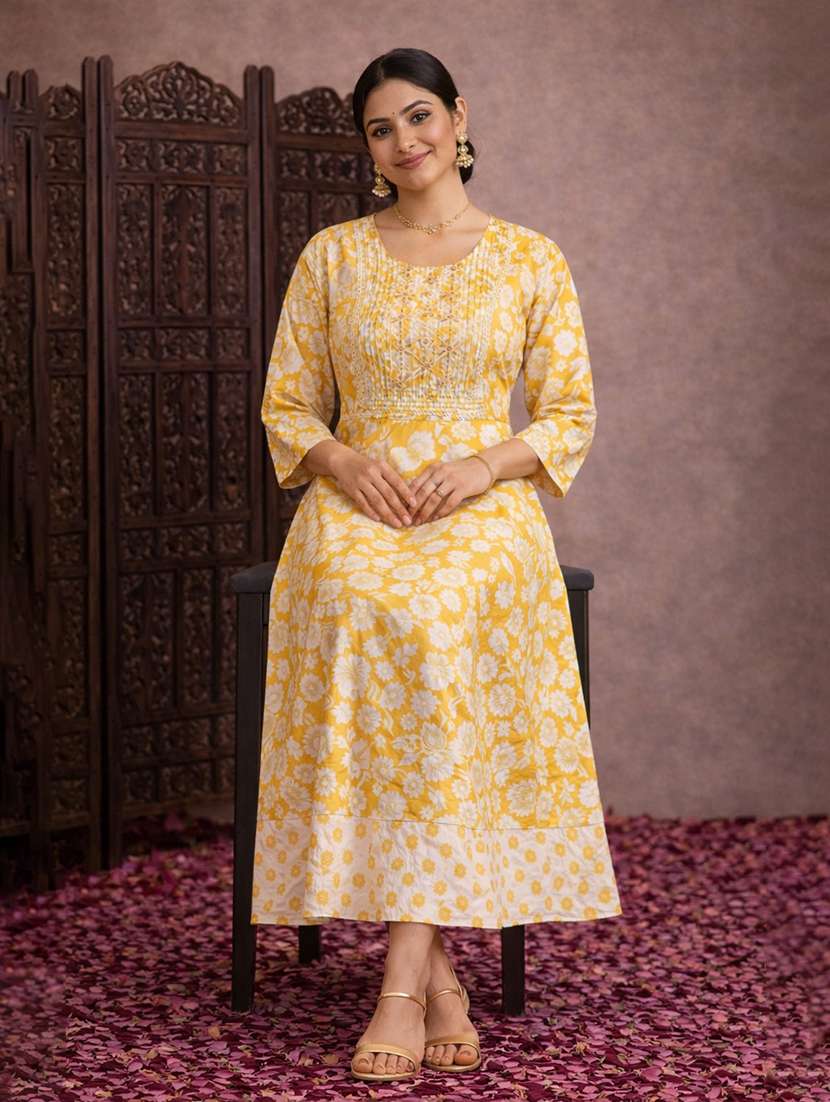 women yellow cotton fit & flare dress - 22463345 -  Standard Image - 2