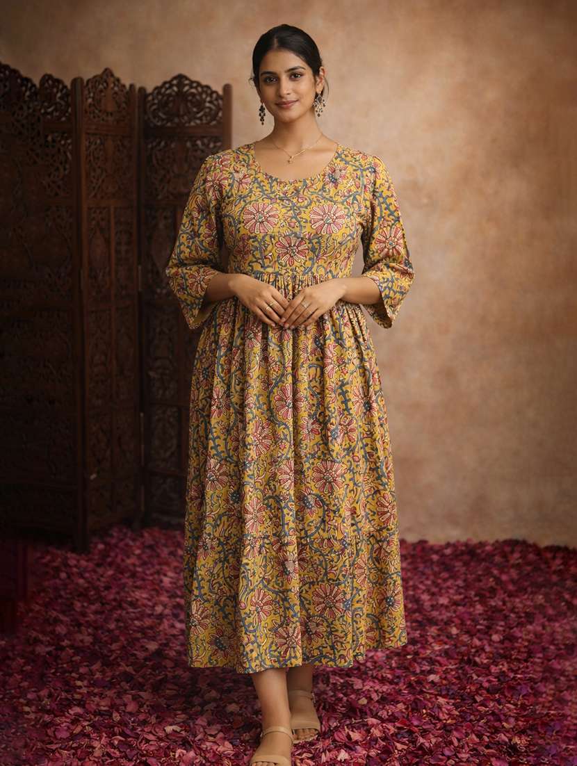 women mustard cotton fit & flare dress