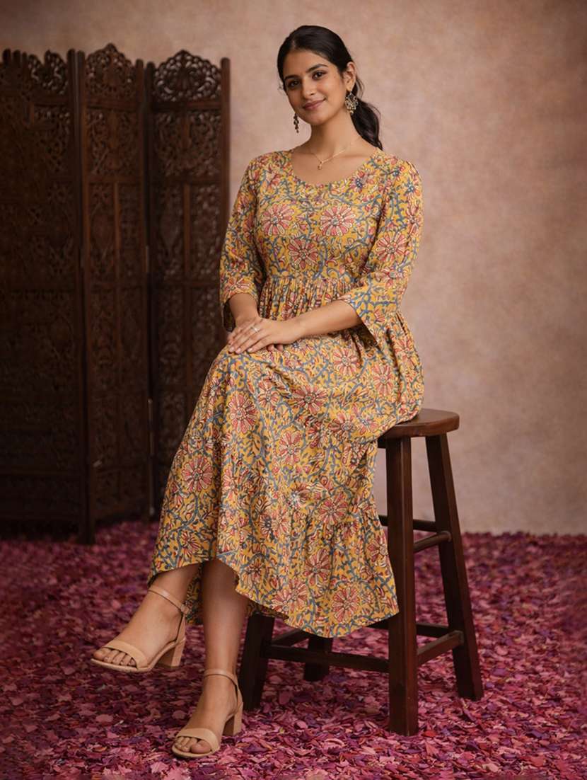 women mustard cotton fit & flare dress - 22463347 -  Standard Image - 2