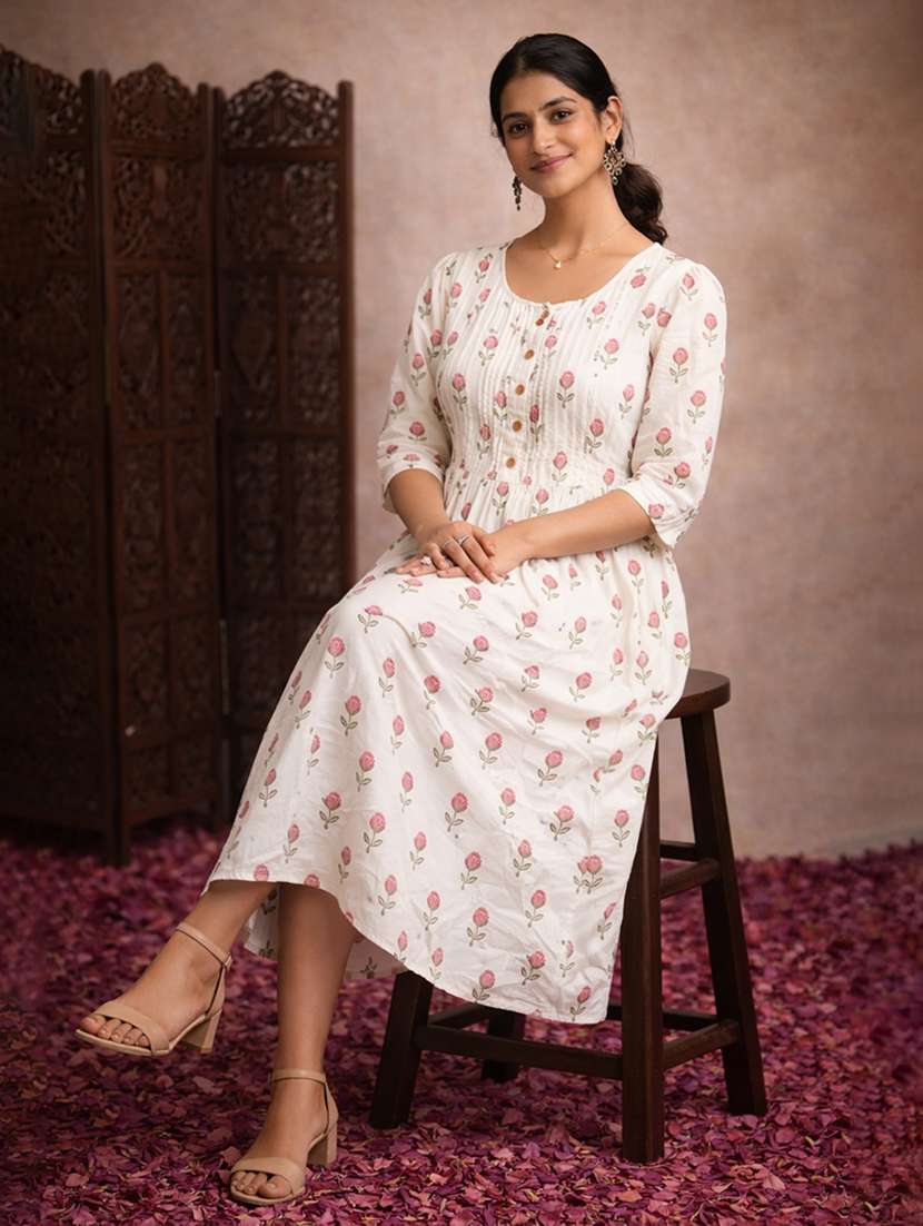 women cream cotton fit & flare dress - 22463348 -  Standard Image - 2