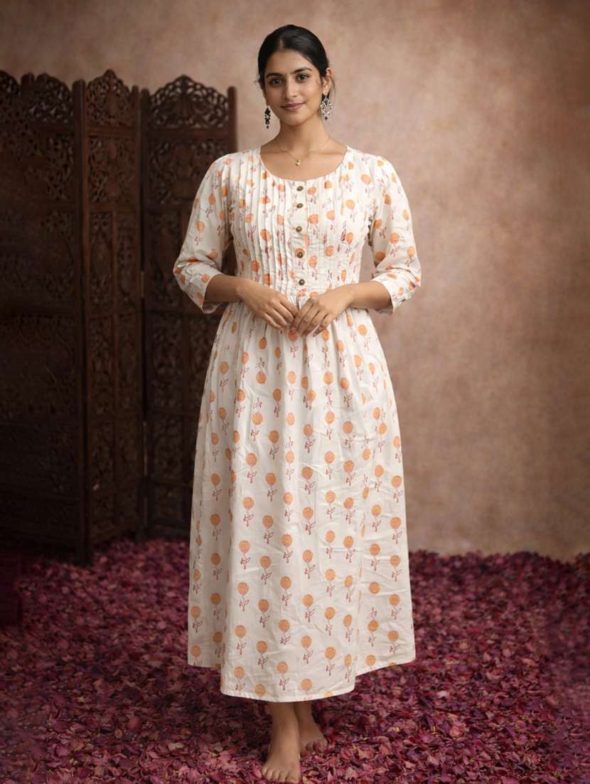 women cream cotton fit & flare dress