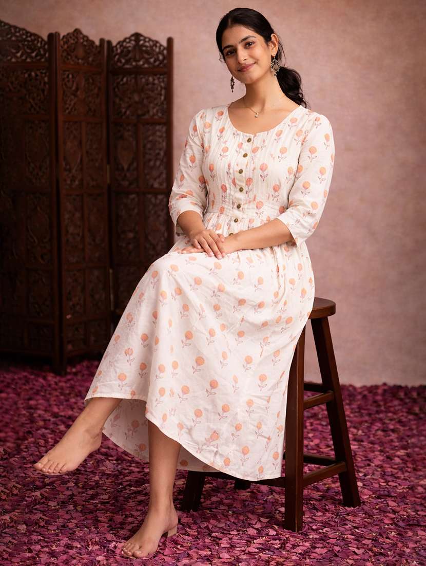 women cream cotton fit & flare dress - 22463349 -  Standard Image - 2