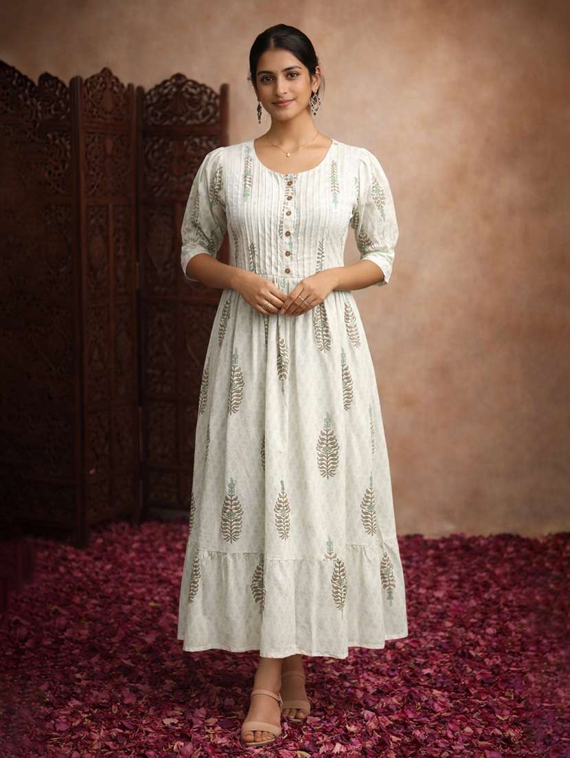 women floral cotton fit & flare midi dress