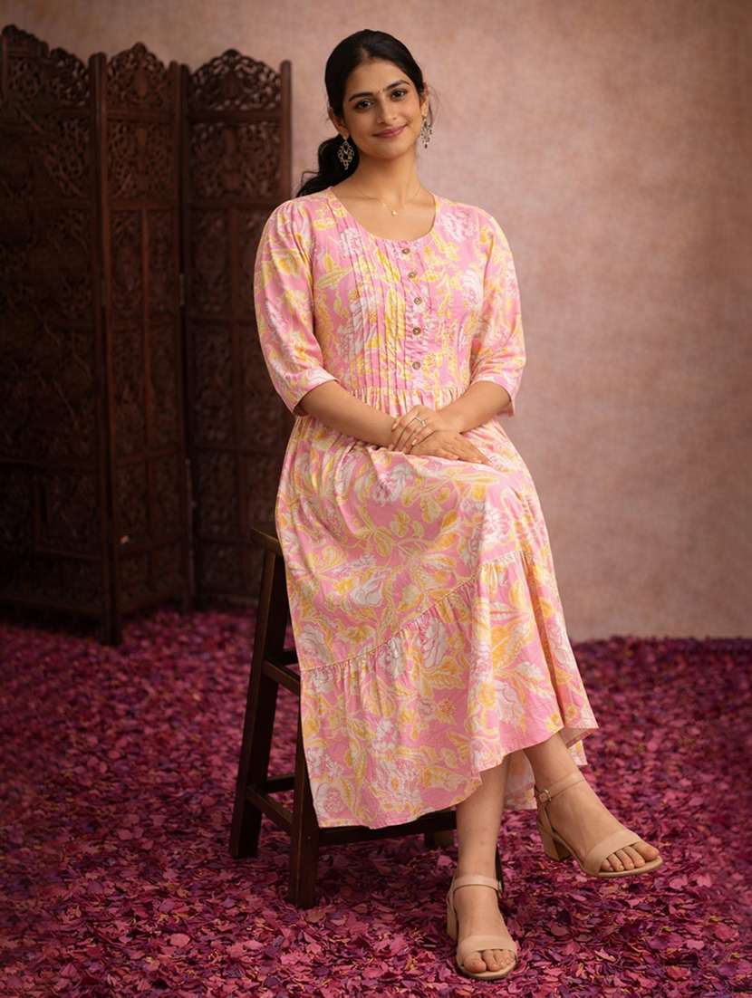 women pink cotton fit & flare dress - 22463351 -  Standard Image - 2