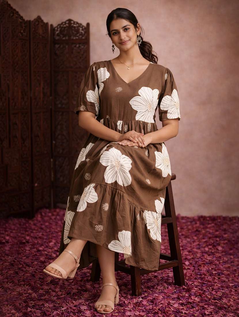 women brown cotton fit & flare dress - 22463353 -  Standard Image - 2