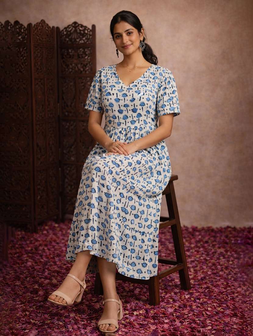 women cream cotton fit & flare dress - 22463354 -  Standard Image - 2