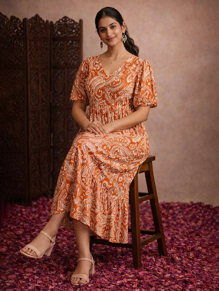 women orange cotton fit & flare dress - 22463355 -  Standard Image - 2