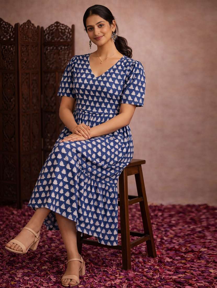 women navy blue cotton fit & flare dress - 22463358 -  Standard Image - 2