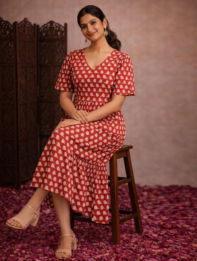 women orange cotton fit & flare dress - 22463359 -  Standard Image - 2