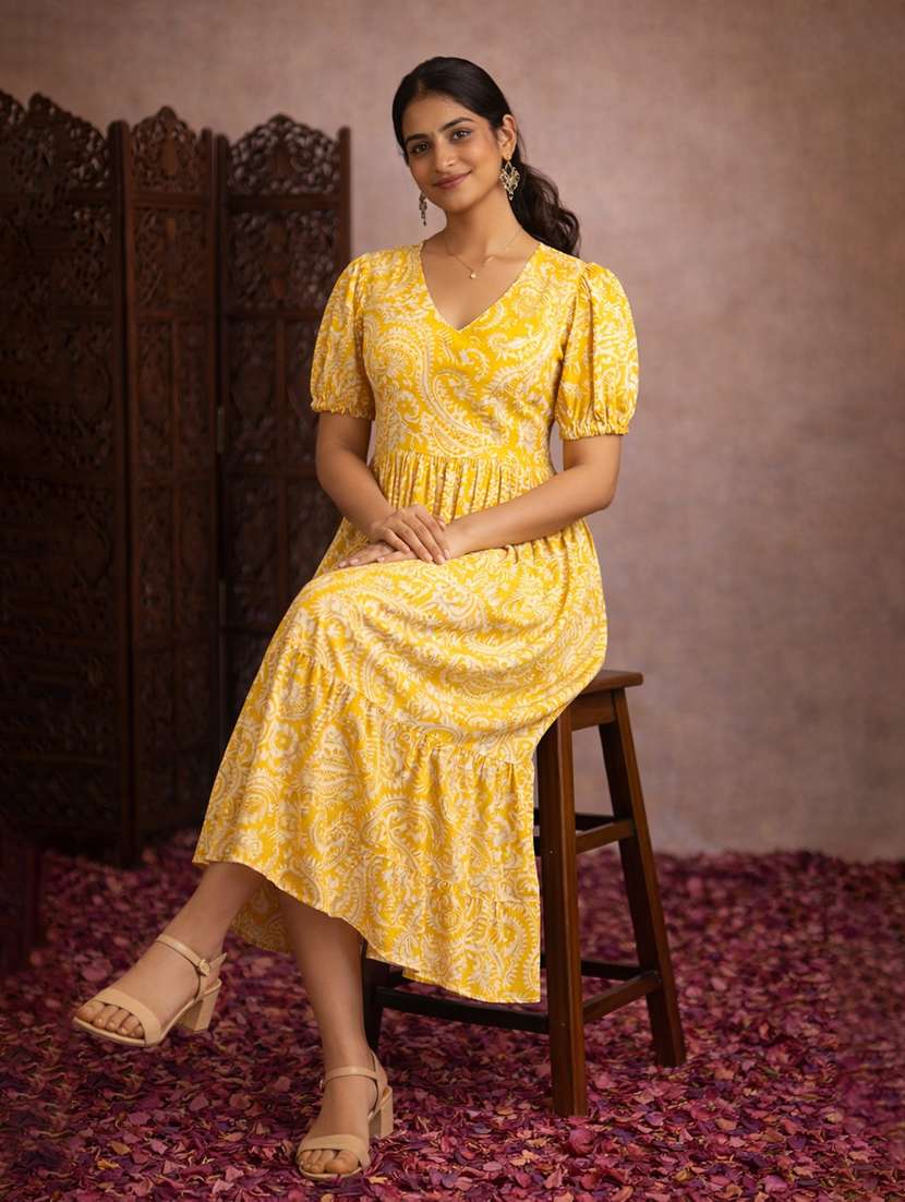 women yellow cotton fit & flare dress - 22463360 -  Standard Image - 2